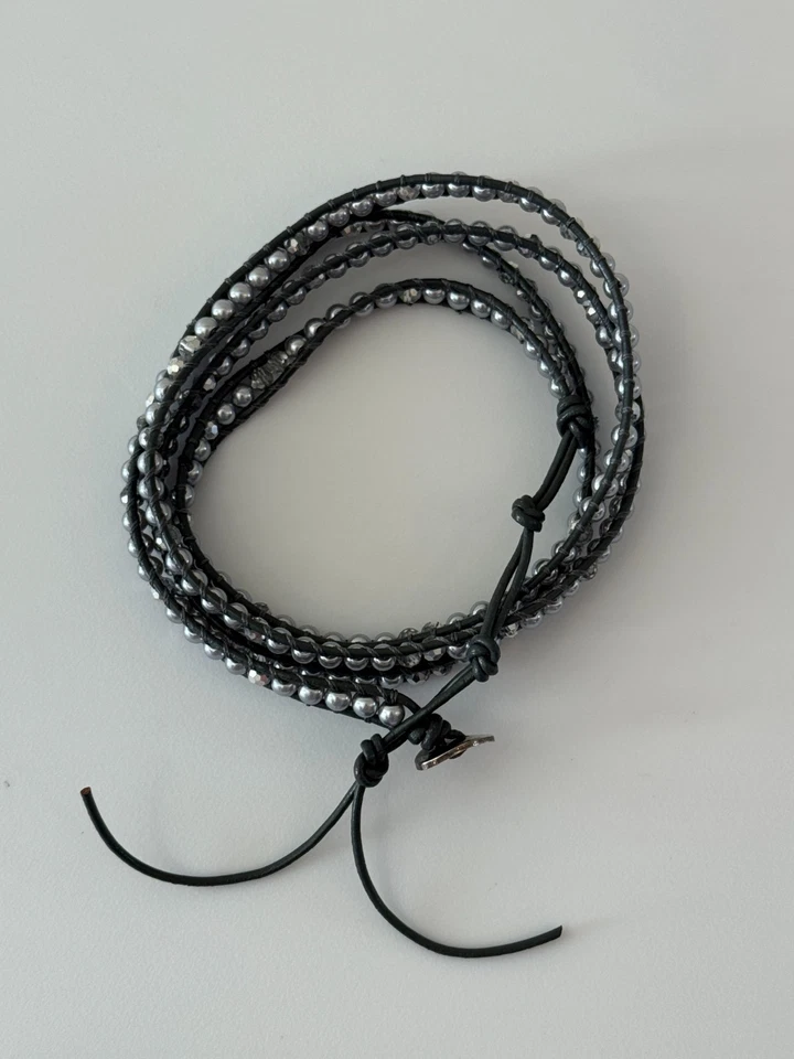 Chan Luu Wrap Silver and Faceted Beads Gray Leather Bracelet- Sterling Clasp EUC - Image 2 of 4