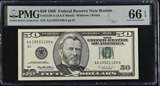 1996 $50 Federal Reserve Note Fr-2126-A Boston PMG66 Gem EPQ