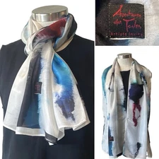 ADENTURES DES TOILES White/Blue/Pink Fine Silk Abstract Scarf 44x160cm-Excellent