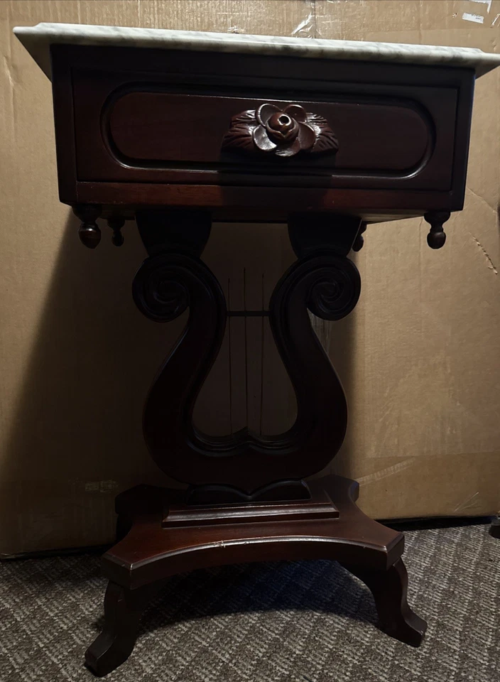 Vintage Mahogany Lyre Marble Top End Table Italy Mark Local Pickup - Image 2 of 4