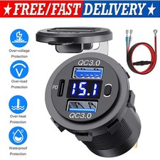 12V-24V PD QC3.0 Dual USB Car Fast Charger Power Socket Outlet LED Voltmeter LOT
