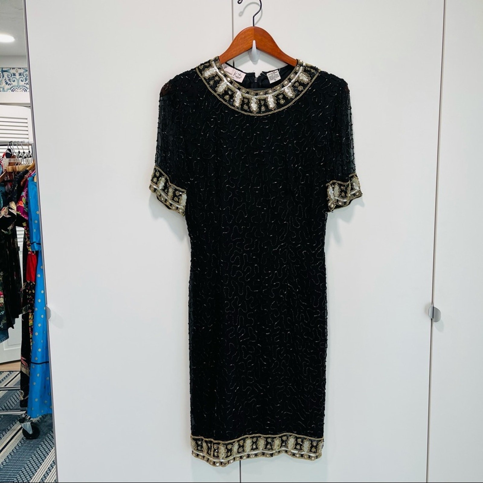 Vintage 80s Lawrence Kazar Silk Beaded Formal Dress Black Tie Embellished