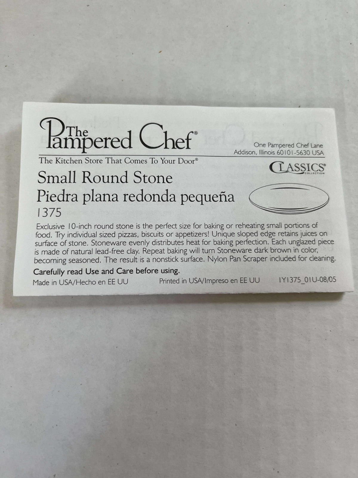 Pampered Chef 10" Small Round Stone 1375