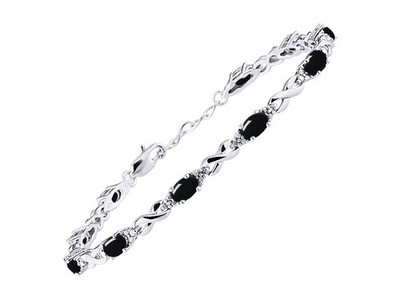 RYLOS CABOCHON ONYX & DIAMOND TENNIS BRACELET STERLING SILVER 7-8'' 