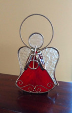 Vintage Stained Glass Standing Angel Votive Candle Holder Red 5 7/8 inches