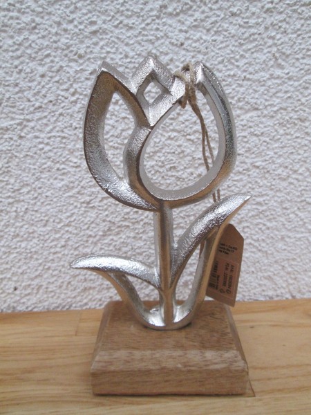 Aufsteller Tulpe Auf Mangoholz Sockel Aus Metall Silber(B/H/T) 10X16X5Cm Deko-image