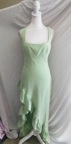 NEW DRESS THE POPULATION Sage CHARLENE Square Neck ASYMM RUFFLE Side Slit GOWN M - Picture 6 of 21
