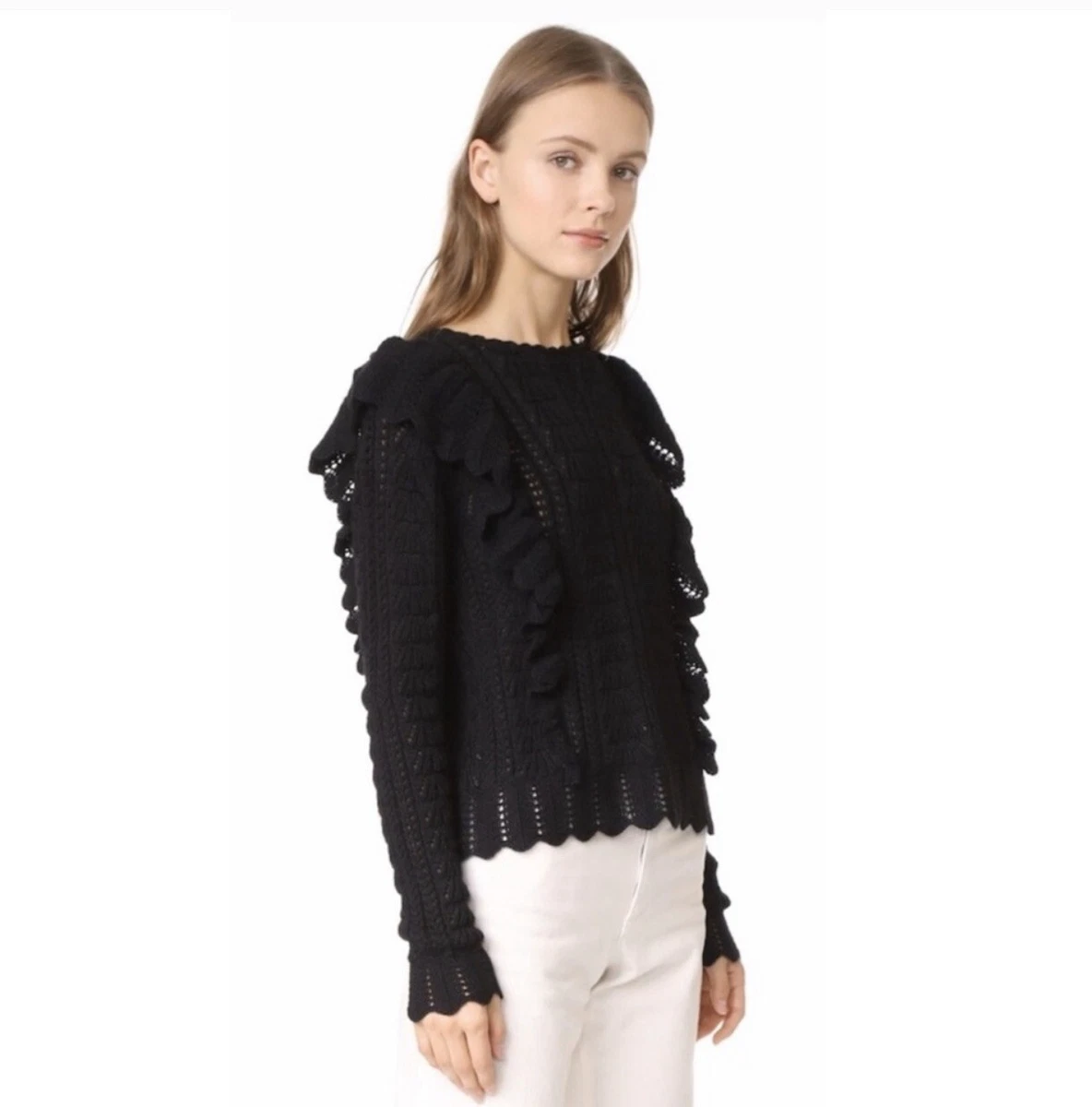 Love Shack Fancy Ruffle Pullover Sweater in Black. NWT. Large