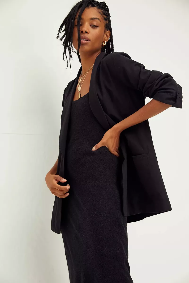 Free People A Winning Combo Midi Slip Dress Blazer Set Black