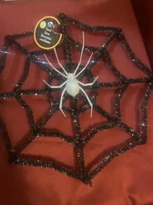 Black Tinsel 16" Spider Web Glow In Dark Spider Halloween Decor Wall Hanging
