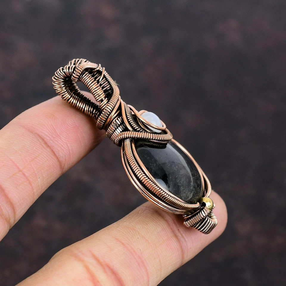 Colgante envuelto en alambre de cobre obsidiana brillo plata regalo día mujer 2,36" Foto 3 de 4