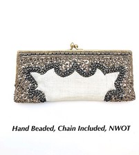 Moyna Beaded Cream Linen Convertible Clutch W/gunmetal Chain, Nwot