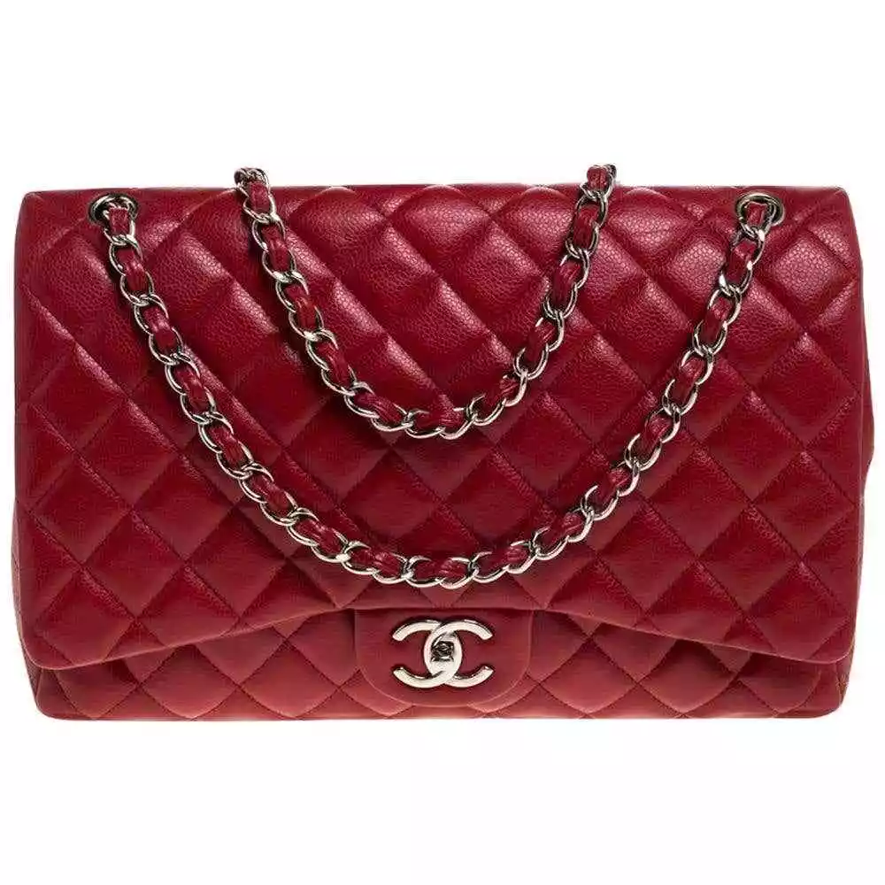 Chanel Calf Skin Quilted Caviar Leather Classic Maxi 33cm Flap Bag Red Color