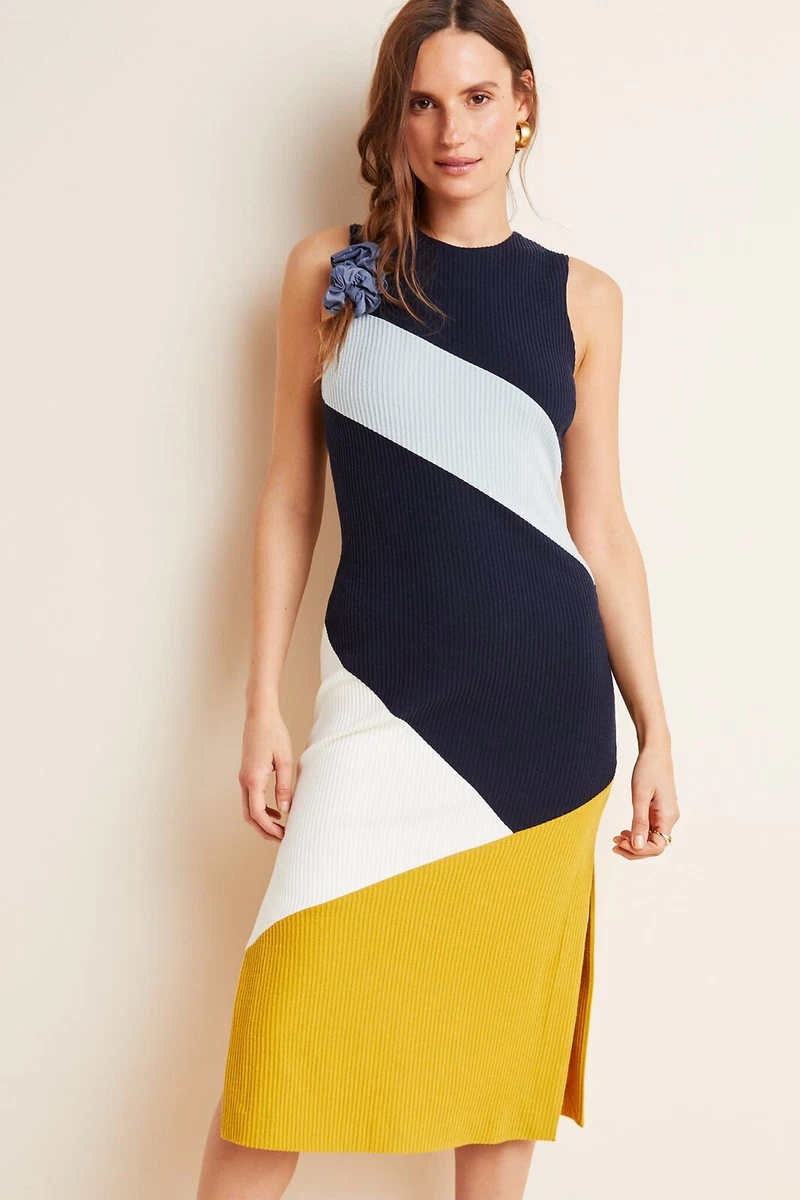Anthropologie Lena Colorblocked Knit Midi Dress by Hutch LARGE Navy Yellow