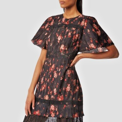 Foxiedox Kleid geblümt Gr. XL UK 163€ Plissee Stufen Spitze kurz schwarz Print - Bild 8 von 10