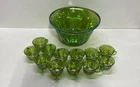Carnival Glass Green 13 Piece Set Punch Bowl and 12 Cups Grape Pattern Vintage