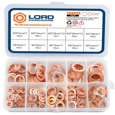 200Pcs Copper Metric Washers Assortment Kit M5 M6 M8 M10 M12 M14 (9 Sizes)
