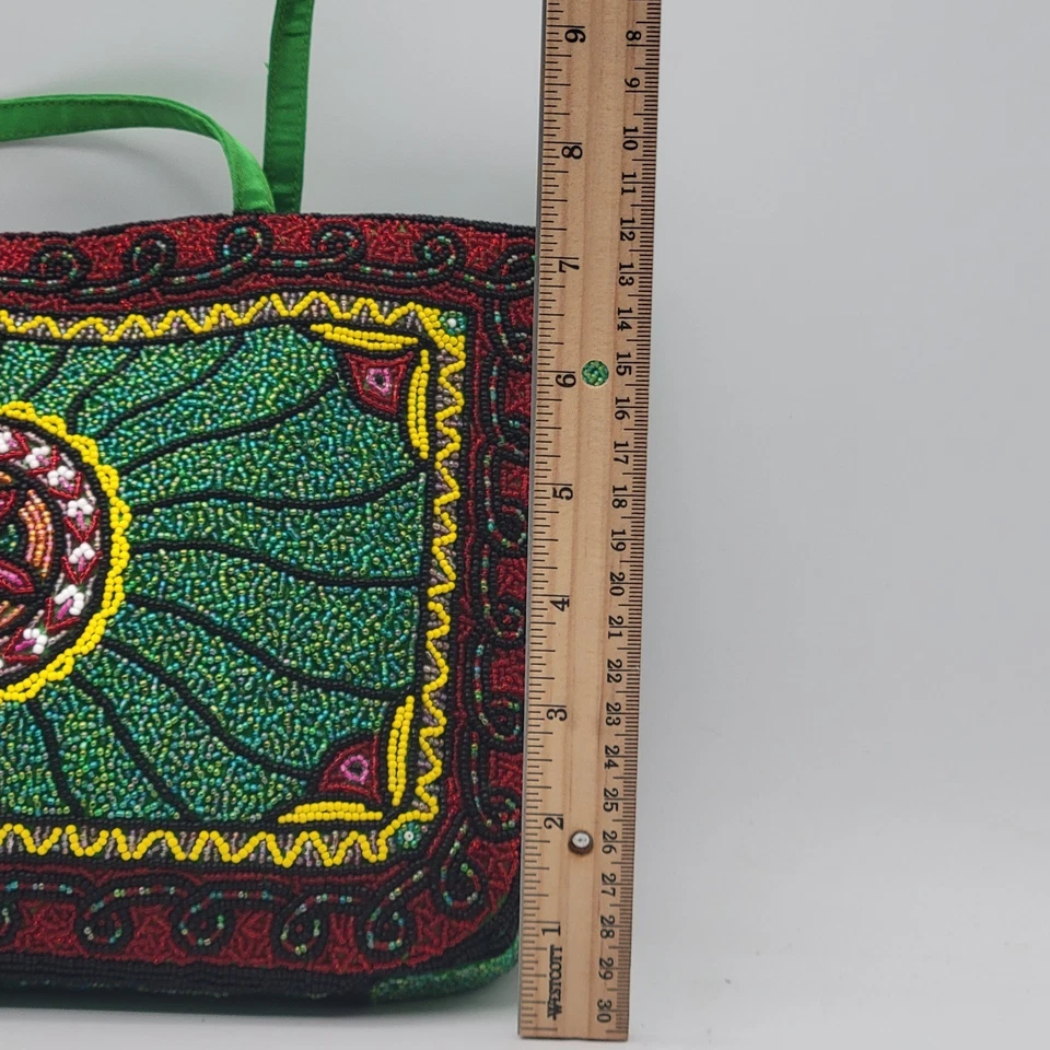 Barse Hand-Beaded Satin Purse Green Red Gold Boho Shoulder Bag - Image 4 of 4
