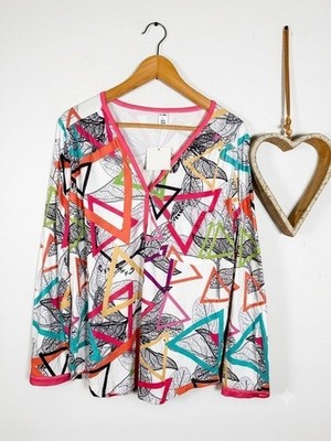 Pixie Lady Geometric Triangle Leaf Print Top Blouse XL Long Sleeve V-Neck