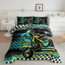 Kids Dirt Bike Comforter Queen Size, Extreme Sports Bedding Set Racing Motocr...