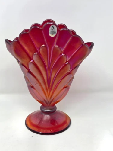 Fenton Red Carnival Glass Fan Vase 8” Tall Hand Made USA Footed