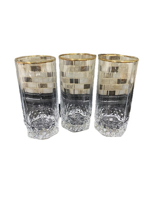 Set Of 3 Vintge Pasabahce? Gold Rim Tumbler Glasses Diamond Pattern Turkey 10 Oz