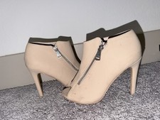 Beige Peep Toe Stiletto Bootie Heels for Women Zip Closure Solid Pattern