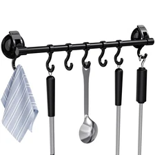 Black Suction Cup Hook Rack Bar Rail Hanger for Kitchen Utensils Bathroom