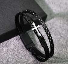 1x Men's Cross Braided Bracelet Leather Cuff Bracelet Bangle Magnetic Clasp nnj