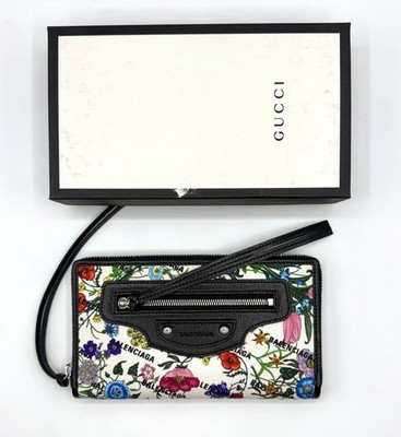 Gucci x Balenciaga Beige Black Canvas Leather Floral Zip Around 