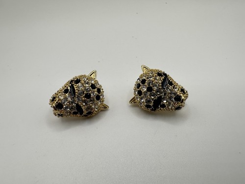 VTG Gold Tone Rhinestone Leopard Panther Clip On Earrings Unsigned Estate - Picture 10 of 10