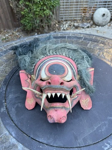 Mask Cyclops Indonesia Red Wooden Demon Hair Hand Carved Painted mask