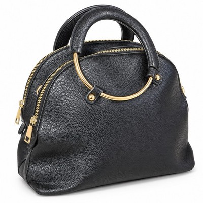 VIETA Black Pebbled Satchel Handbag Gold Tone Ring Handles Double Zip Purse