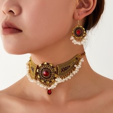 Ethnic Jewelry Necklace Earrings Set Bohemian Beaded Choker Dangle Girls Gift