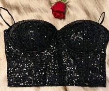 Charlotte Russe Strapless Bustier Crop Top Black Sequin New Medium