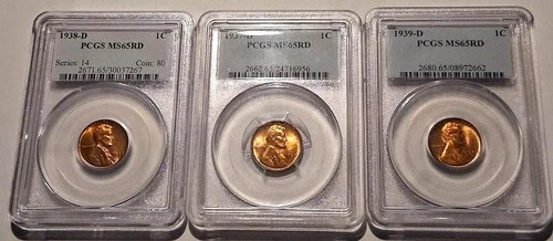 🔥 LINCOLN CENTS WHEAT BACKS (3) PCGS MS65 RED 1937 D,1938 D, 1939 D GREAT LOT