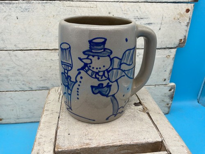 #ad Vintage Beaumont Brother Pottery BBP Signed Glazed Blue Snowman Mug $11.50