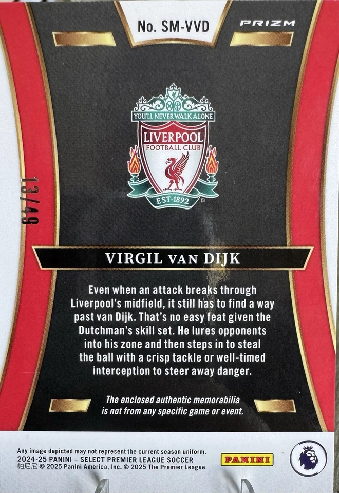 Virgil Van Dijk 2024-25 Panini Select Premier League Patch Numbered /49 Purple - image 3 of 3