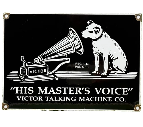 VINTAGE RCA PORCELAIN SIGN RECORD PLAYER GRAMOPHONE GAS OIL NIPPER THE DOG