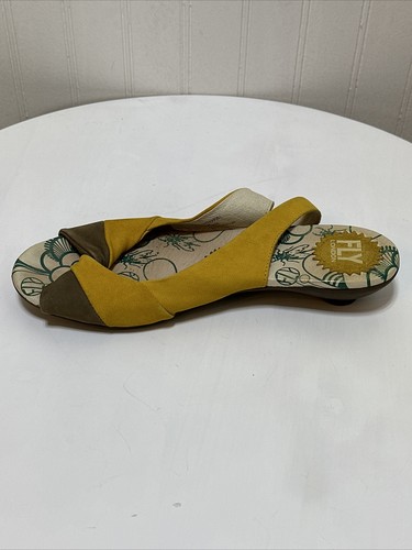 FLY London Yellow and Sludge Suede Par Sandal Size 7.5 Slingback Kitten Heel - Picture 16 of 23