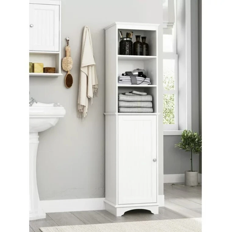 White Linen Tower Closet Bathroom Towel Storage Cabinet Tall Slim