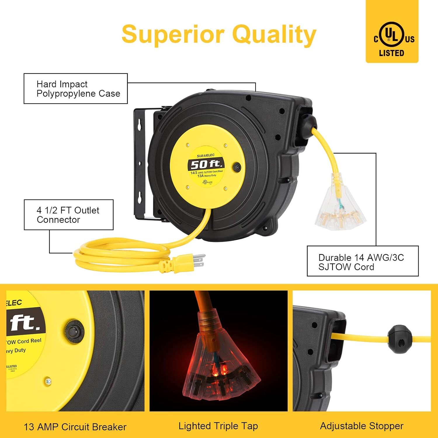 50 FT Extension Cord Reel, 14 Gauge Retractable Extension Cord, SJTOW