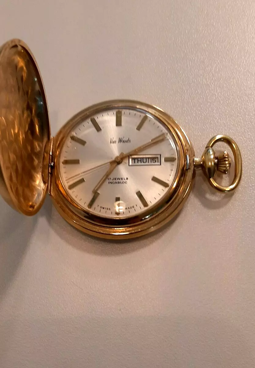 Arnex Pocket Watch VAN WOODS 17 Jewels Gold Tone Case Swiiss Free Shipping