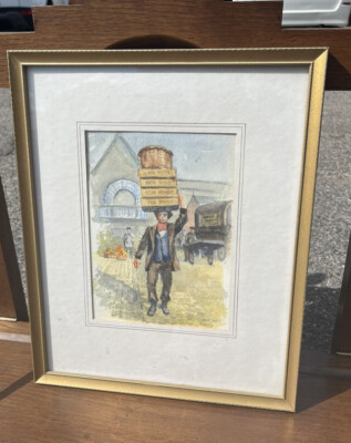 London Figuren. Gerahmtes & signiertes Aquarell von Ray Ross.  Markthändler 