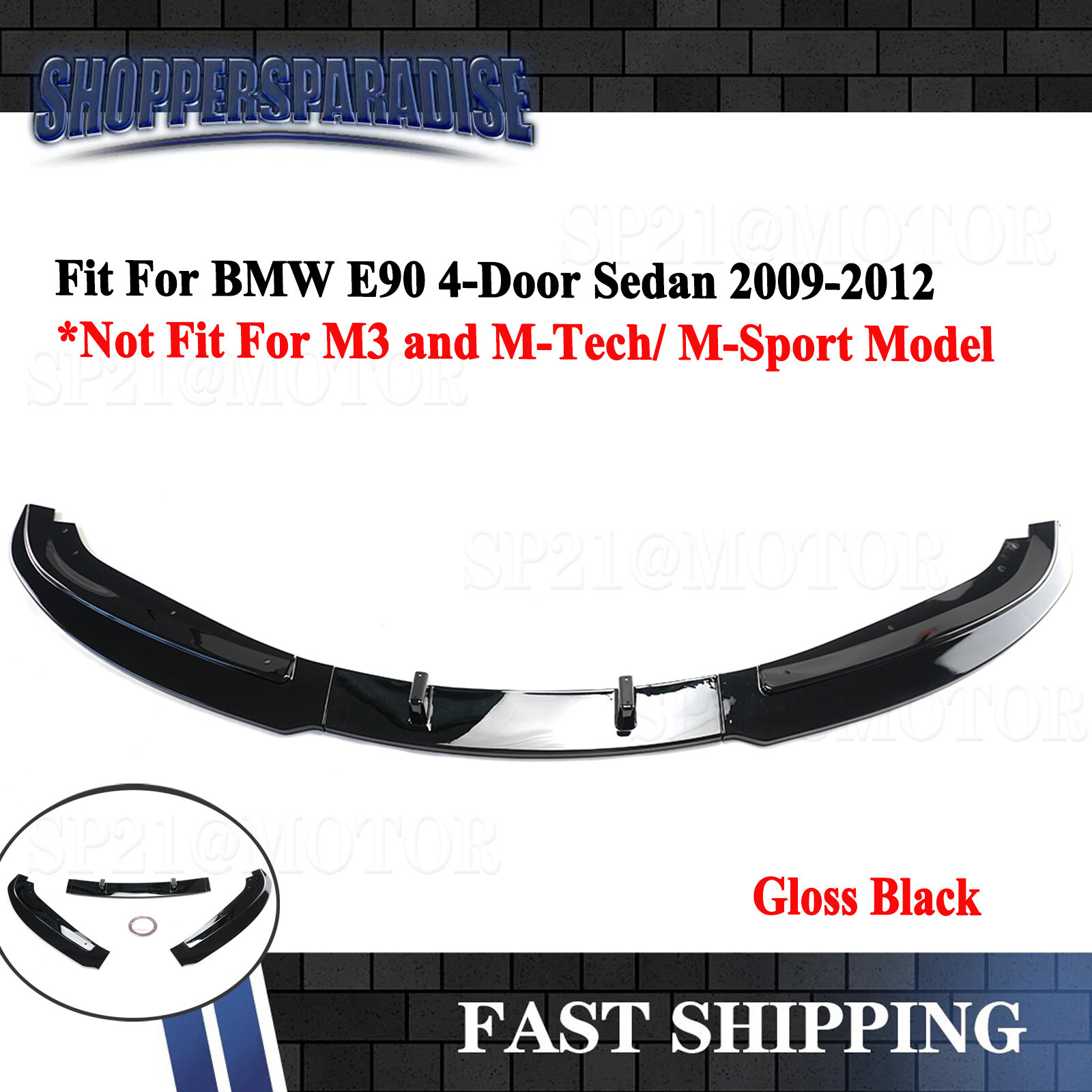 For BMW E90 Base 3-Series 4Door 09-2012 V Style Front Bumper Lip Kit Gloss Black