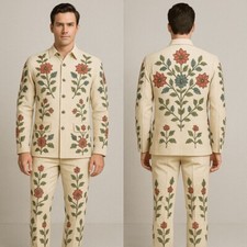 Men Ivory 2Pc Customized Vintage Western Suit Floral Embroidered Cowboy Wear Set