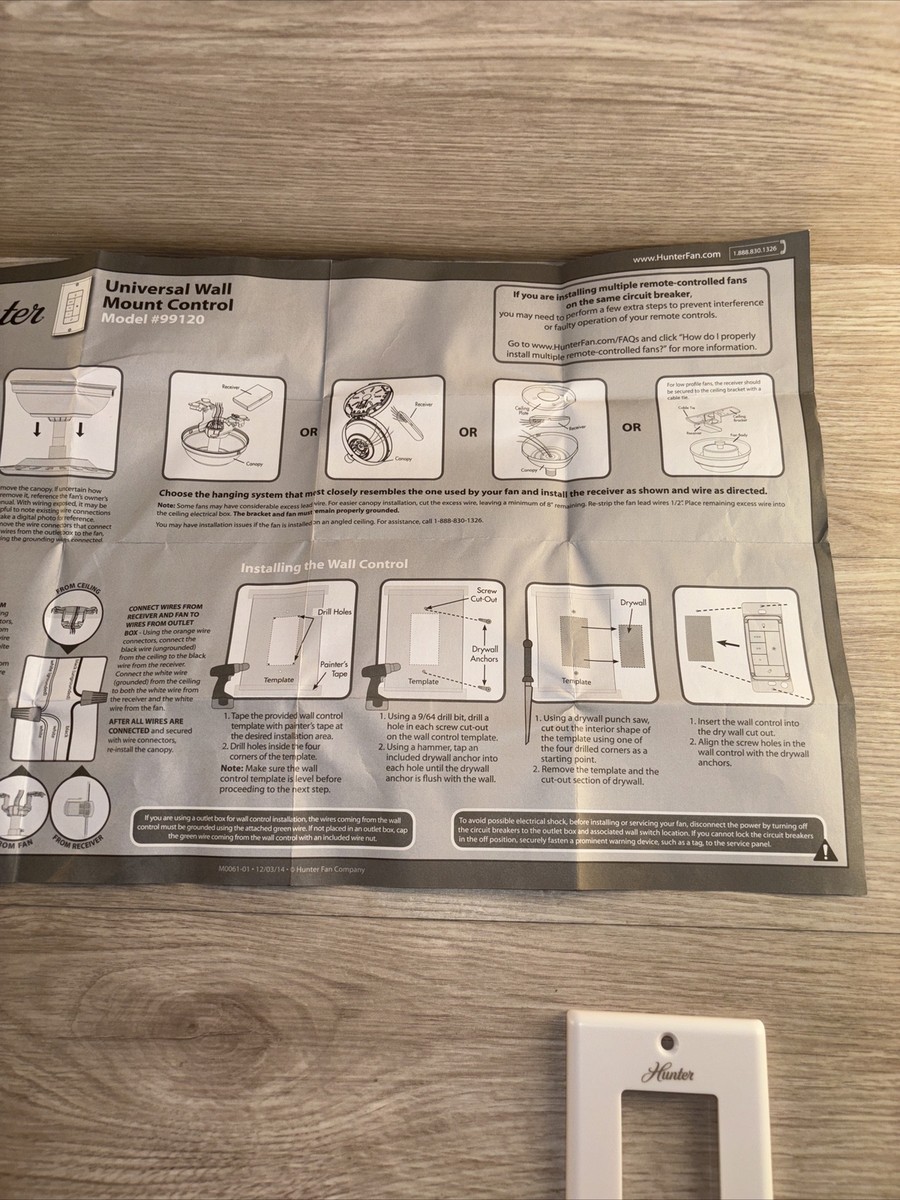 Hunter 99120 Universal Ceiling Fan Light Wall Mount Remote Shelly