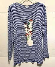 Rebecca Malone Blouse Women’s L Snowmen Christmas Blue & White Striped Holidays