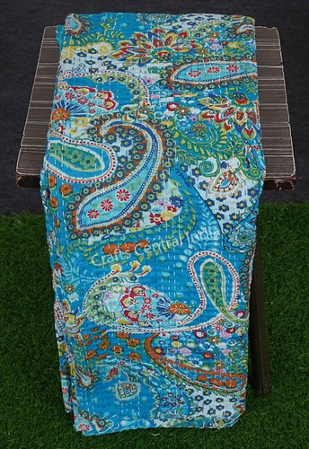 Indische Handarbeit Türkis Farbe Baumwolle Kantha Quilt Bettwäsche Bezug Decke Überwurf - Bild 3 von 6