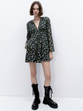 Zara Womens Dress Size L Black Purple Floral Textured Ladder Weave V Neck NWOT